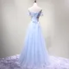 Chic / Belle Bleu Ciel Robe De Soirée 2018 Princesse De l'épaule Manches Courtes Appliques Fleur Perlage Cristal Longue Volants Dos Nu Robe De Ceremonie