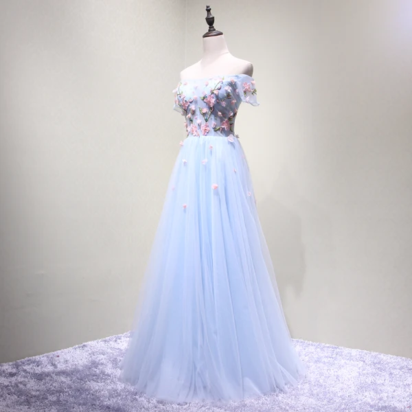 Chic / Beautiful Sky Blue Evening Dresses  2018 A-Line / Princess Off-The-Shoulder Short Sleeve Appliques Flower Beading Crystal Floor-Length / Long Ruffle Backless Formal Dresses