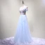 Chic / Beautiful Sky Blue Evening Dresses  2018 A-Line / Princess Off-The-Shoulder Short Sleeve Appliques Flower Beading Crystal Floor-Length / Long Ruffle Backless Formal Dresses