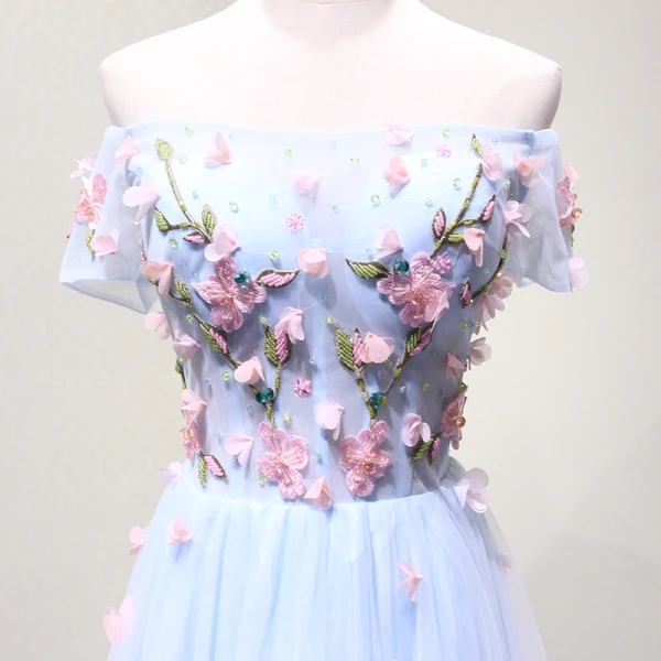 Chic / Beautiful Sky Blue Evening Dresses  2018 A-Line / Princess Off-The-Shoulder Short Sleeve Appliques Flower Beading Crystal Floor-Length / Long Ruffle Backless Formal Dresses
