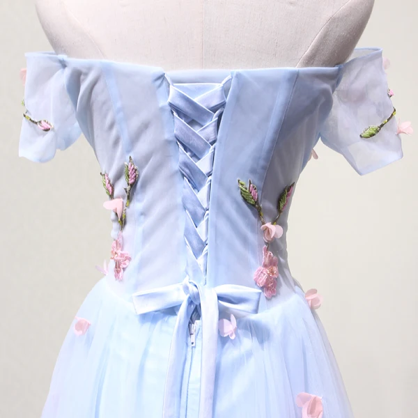 Chic / Beautiful Sky Blue Evening Dresses  2018 A-Line / Princess Off-The-Shoulder Short Sleeve Appliques Flower Beading Crystal Floor-Length / Long Ruffle Backless Formal Dresses