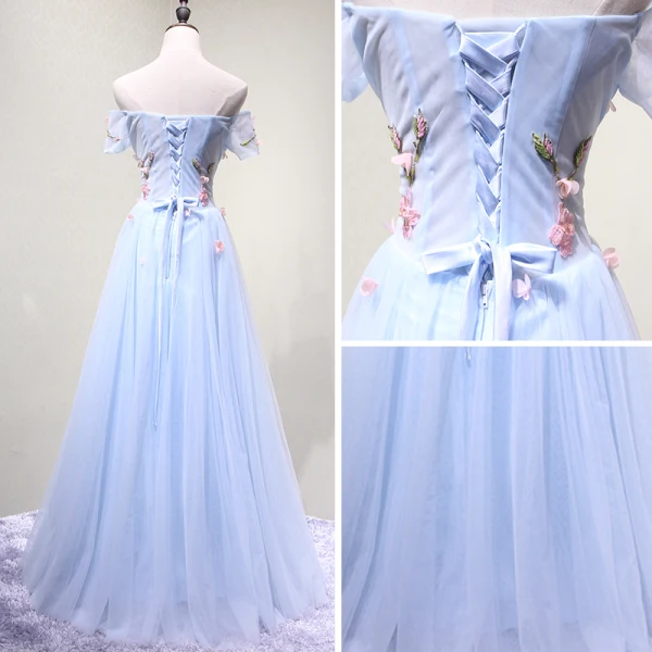 Chic / Beautiful Sky Blue Evening Dresses  2018 A-Line / Princess Off-The-Shoulder Short Sleeve Appliques Flower Beading Crystal Floor-Length / Long Ruffle Backless Formal Dresses