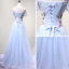 Chic / Beautiful Sky Blue Evening Dresses  2018 A-Line / Princess Off-The-Shoulder Short Sleeve Appliques Flower Beading Crystal Floor-Length / Long Ruffle Backless Formal Dresses