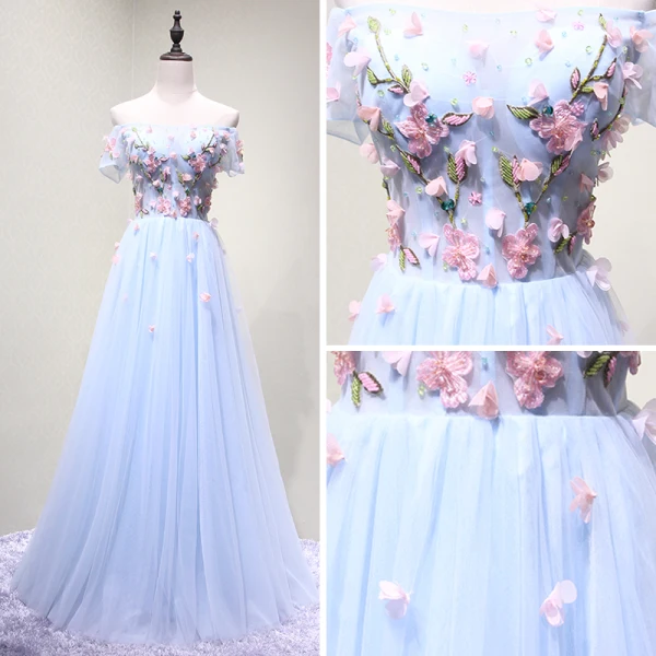 Chic / Beautiful Sky Blue Evening Dresses  2018 A-Line / Princess Off-The-Shoulder Short Sleeve Appliques Flower Beading Crystal Floor-Length / Long Ruffle Backless Formal Dresses