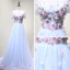 Chic / Beautiful Sky Blue Evening Dresses  2018 A-Line / Princess Off-The-Shoulder Short Sleeve Appliques Flower Beading Crystal Floor-Length / Long Ruffle Backless Formal Dresses