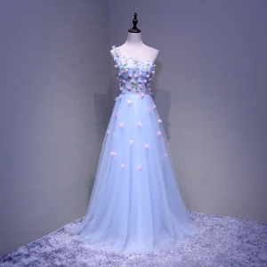 Chic Beautiful Sky Blue Evening Dresses 2018 A Line Princess One Shoulder Sleeveless Appliques Flower Beading Crystal Floor Length Long Ruffle Backless Formal Dresses