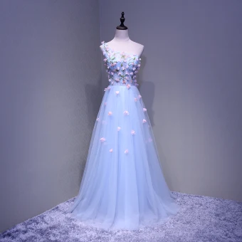 Chic Belle Bleu Ciel Robe De Soirée 2018 Princesse Une Épaule Sans Manches Appliques Fleur Perlage Cristal Longue Volants Dos Nu Robe De Ceremonie