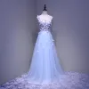 Chic / Beautiful Sky Blue Evening Dresses  2018 A-Line / Princess One-Shoulder Sleeveless Appliques Flower Beading Crystal Floor-Length / Long Ruffle Backless Formal Dresses
