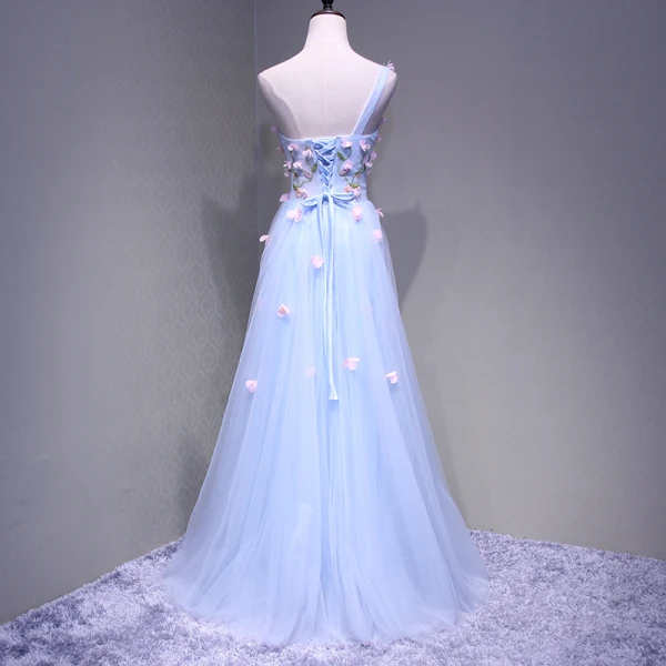 Chic / Beautiful Sky Blue Evening Dresses  2018 A-Line / Princess One-Shoulder Sleeveless Appliques Flower Beading Crystal Floor-Length / Long Ruffle Backless Formal Dresses