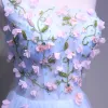 Chic / Beautiful Sky Blue Evening Dresses  2018 A-Line / Princess One-Shoulder Sleeveless Appliques Flower Beading Crystal Floor-Length / Long Ruffle Backless Formal Dresses