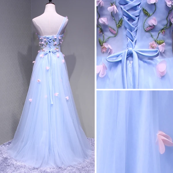 Chic / Beautiful Sky Blue Evening Dresses  2018 A-Line / Princess One-Shoulder Sleeveless Appliques Flower Beading Crystal Floor-Length / Long Ruffle Backless Formal Dresses