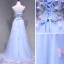 Chic / Beautiful Sky Blue Evening Dresses  2018 A-Line / Princess One-Shoulder Sleeveless Appliques Flower Beading Crystal Floor-Length / Long Ruffle Backless Formal Dresses