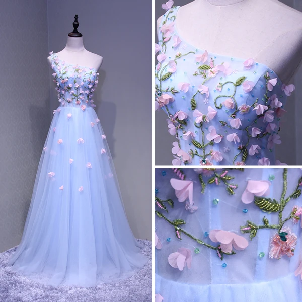 Chic / Beautiful Sky Blue Evening Dresses  2018 A-Line / Princess One-Shoulder Sleeveless Appliques Flower Beading Crystal Floor-Length / Long Ruffle Backless Formal Dresses