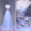 Chic / Beautiful Sky Blue Evening Dresses  2018 A-Line / Princess One-Shoulder Sleeveless Appliques Flower Beading Crystal Floor-Length / Long Ruffle Backless Formal Dresses