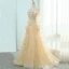 Elegante Champagner Abendkleider 2018 A Linie Off Shoulder Lange Ärmel Applikationen Spitze Sweep / Pinsel Zug Rüschen Rückenfreies Festliche Kleider