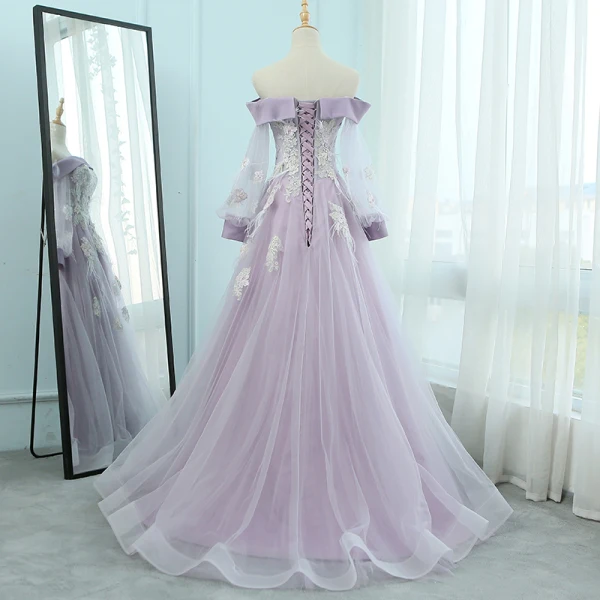Elegante Champagner Abendkleider 2018 A Linie Off Shoulder Lange Ärmel Applikationen Spitze Sweep / Pinsel Zug Rüschen Rückenfreies Festliche Kleider