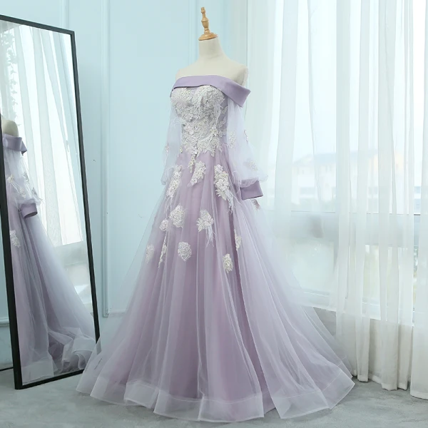 Elegante Champagner Abendkleider 2018 A Linie Off Shoulder Lange Ärmel Applikationen Spitze Sweep / Pinsel Zug Rüschen Rückenfreies Festliche Kleider