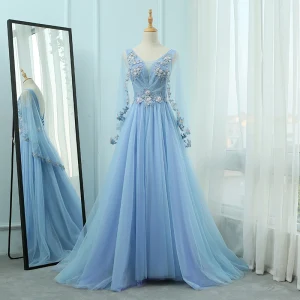 Élégant Bleu Robe De Soirée 2018 Princesse V Cou Manches Longues Appliques En Dentelle Paillettes Perlage Train De Balayage Volants Dos Nu Robe De Ceremonie