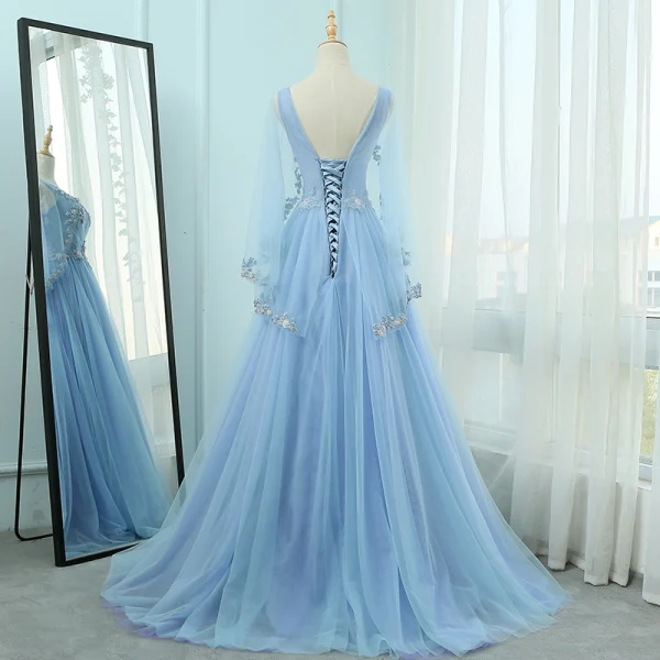 Élégant Bleu Robe De Soirée 2018 Princesse V-Cou Manches Longues Appliques En Dentelle Paillettes Perlage Train De Balayage Volants Dos Nu Robe De Ceremonie