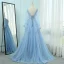Élégant Bleu Robe De Soirée 2018 Princesse V-Cou Manches Longues Appliques En Dentelle Paillettes Perlage Train De Balayage Volants Dos Nu Robe De Ceremonie