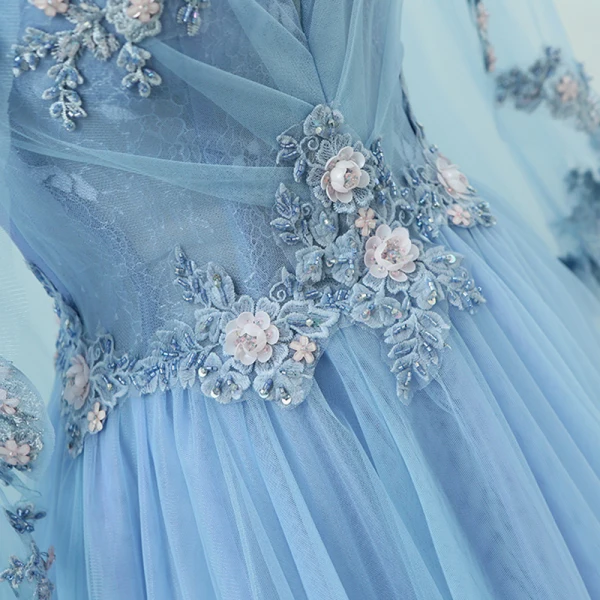Élégant Bleu Robe De Soirée 2018 Princesse V-Cou Manches Longues Appliques En Dentelle Paillettes Perlage Train De Balayage Volants Dos Nu Robe De Ceremonie