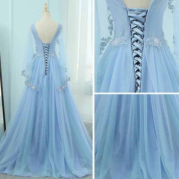 Élégant Bleu Robe De Soirée 2018 Princesse V-Cou Manches Longues Appliques En Dentelle Paillettes Perlage Train De Balayage Volants Dos Nu Robe De Ceremonie