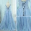 Élégant Bleu Robe De Soirée 2018 Princesse V-Cou Manches Longues Appliques En Dentelle Paillettes Perlage Train De Balayage Volants Dos Nu Robe De Ceremonie