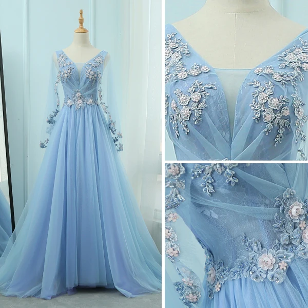 Élégant Bleu Robe De Soirée 2018 Princesse V-Cou Manches Longues Appliques En Dentelle Paillettes Perlage Train De Balayage Volants Dos Nu Robe De Ceremonie