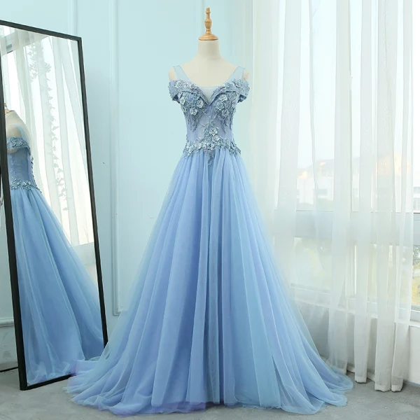 Élégant Bleu Ciel Robe De Soirée 2018 Princesse U-Cou Manches Courtes Appliques Fleur Perlage Train De Balayage Volants Dos Nu Robe De Ceremonie