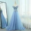 Élégant Bleu Ciel Robe De Soirée 2018 Princesse U-Cou Manches Courtes Appliques Fleur Perlage Train De Balayage Volants Dos Nu Robe De Ceremonie