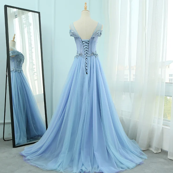 Élégant Bleu Ciel Robe De Soirée 2018 Princesse U-Cou Manches Courtes Appliques Fleur Perlage Train De Balayage Volants Dos Nu Robe De Ceremonie