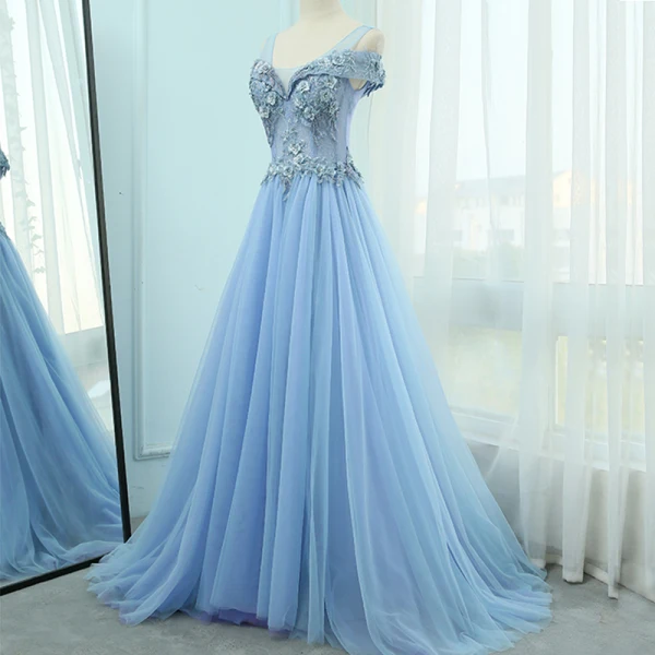 Élégant Bleu Ciel Robe De Soirée 2018 Princesse U-Cou Manches Courtes Appliques Fleur Perlage Train De Balayage Volants Dos Nu Robe De Ceremonie