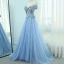Élégant Bleu Ciel Robe De Soirée 2018 Princesse U-Cou Manches Courtes Appliques Fleur Perlage Train De Balayage Volants Dos Nu Robe De Ceremonie