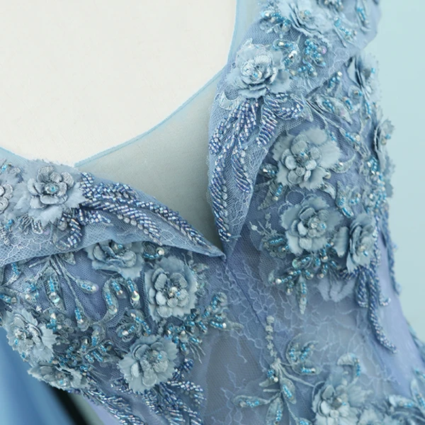 Élégant Bleu Ciel Robe De Soirée 2018 Princesse U-Cou Manches Courtes Appliques Fleur Perlage Train De Balayage Volants Dos Nu Robe De Ceremonie