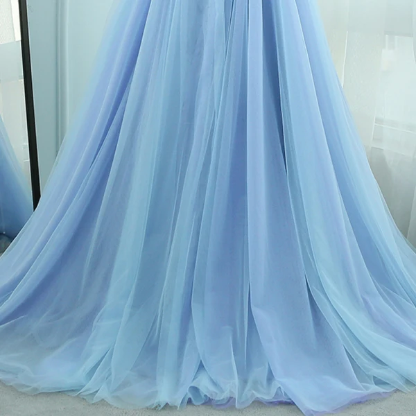 Élégant Bleu Ciel Robe De Soirée 2018 Princesse U-Cou Manches Courtes Appliques Fleur Perlage Train De Balayage Volants Dos Nu Robe De Ceremonie