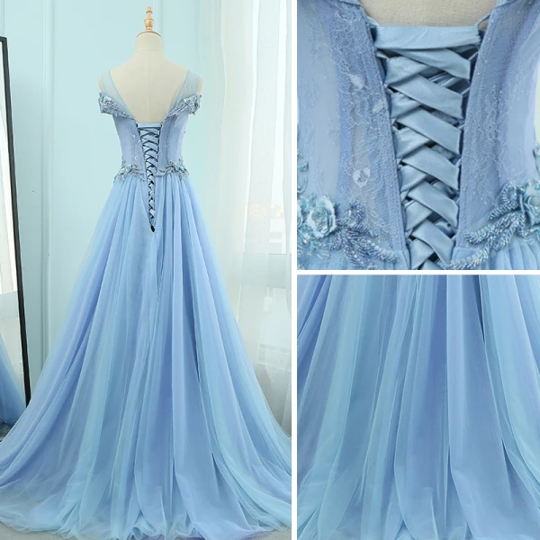 Élégant Bleu Ciel Robe De Soirée 2018 Princesse U-Cou Manches Courtes Appliques Fleur Perlage Train De Balayage Volants Dos Nu Robe De Ceremonie