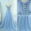 Élégant Bleu Ciel Robe De Soirée 2018 Princesse U-Cou Manches Courtes Appliques Fleur Perlage Train De Balayage Volants Dos Nu Robe De Ceremonie