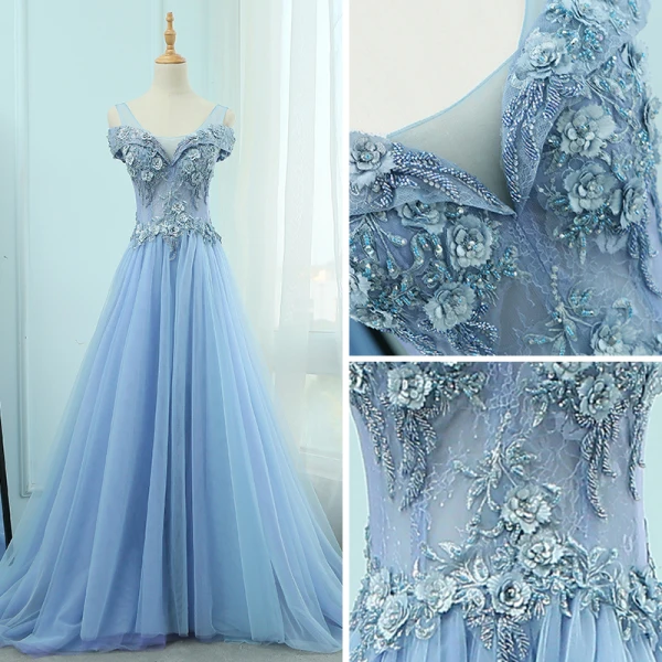 Élégant Bleu Ciel Robe De Soirée 2018 Princesse U-Cou Manches Courtes Appliques Fleur Perlage Train De Balayage Volants Dos Nu Robe De Ceremonie