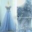 Élégant Bleu Ciel Robe De Soirée 2018 Princesse U-Cou Manches Courtes Appliques Fleur Perlage Train De Balayage Volants Dos Nu Robe De Ceremonie