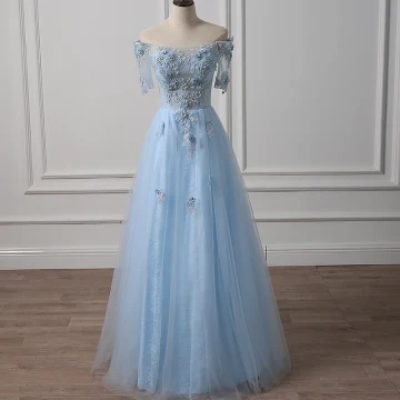 Illusion Bleu Ciel Transparentes Robe De Soirée 2018 Princesse De L Épaule Manches Courtes Appliques En Dentelle Perlage Longue Volants Dos Nu Robe De Ceremonie