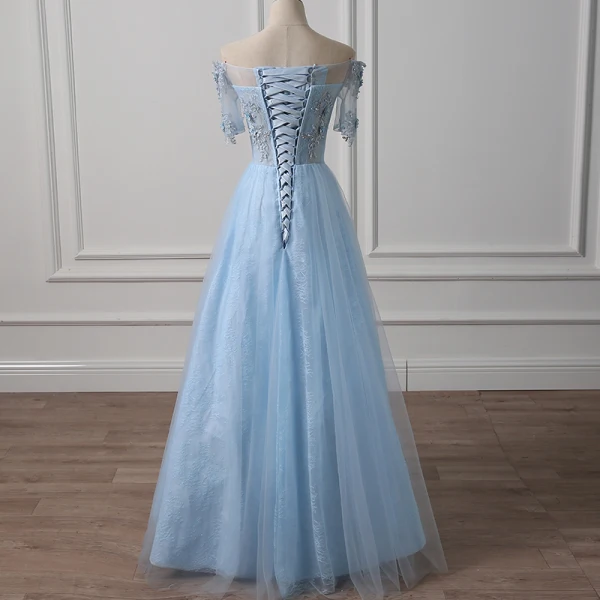 Illusion Himmelblau Durchsichtige Abendkleider 2018 A Linie Off Shoulder Kurze Ärmel Applikationen Mit Spitze Perlenstickerei Lange Rüschen Rückenfreies Festliche Kleider