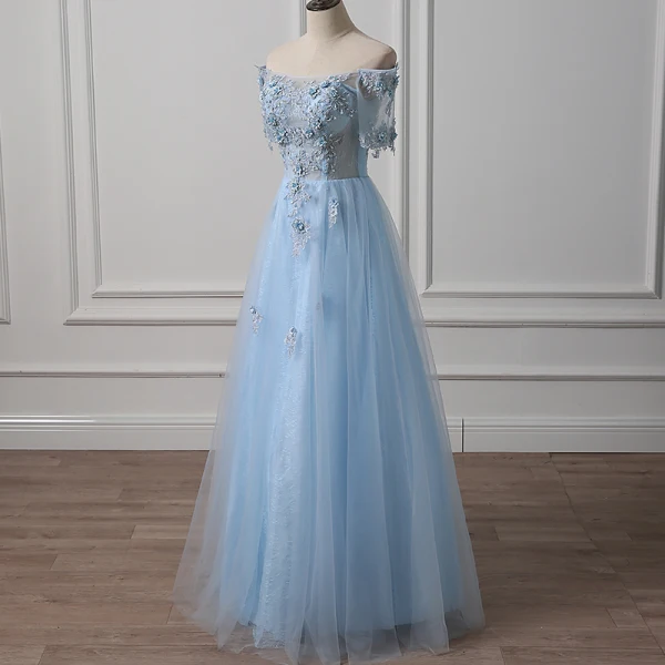 Illusion Himmelblau Durchsichtige Abendkleider 2018 A Linie Off Shoulder Kurze Ärmel Applikationen Mit Spitze Perlenstickerei Lange Rüschen Rückenfreies Festliche Kleider