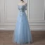 Illusion Himmelblau Durchsichtige Abendkleider 2018 A Linie Off Shoulder Kurze Ärmel Applikationen Mit Spitze Perlenstickerei Lange Rüschen Rückenfreies Festliche Kleider