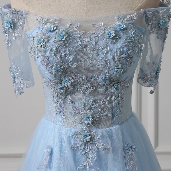 Illusion Himmelblau Durchsichtige Abendkleider 2018 A Linie Off Shoulder Kurze Ärmel Applikationen Mit Spitze Perlenstickerei Lange Rüschen Rückenfreies Festliche Kleider
