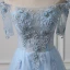 Illusion Himmelblau Durchsichtige Abendkleider 2018 A Linie Off Shoulder Kurze Ärmel Applikationen Mit Spitze Perlenstickerei Lange Rüschen Rückenfreies Festliche Kleider