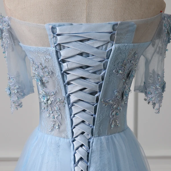Illusion Himmelblau Durchsichtige Abendkleider 2018 A Linie Off Shoulder Kurze Ärmel Applikationen Mit Spitze Perlenstickerei Lange Rüschen Rückenfreies Festliche Kleider