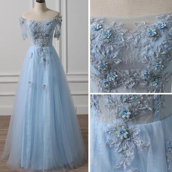 Illusion Himmelblau Durchsichtige Abendkleider 2018 A Linie Off Shoulder Kurze Ärmel Applikationen Mit Spitze Perlenstickerei Lange Rüschen Rückenfreies Festliche Kleider