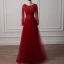 Chic / Belle Bordeaux Robe De Soirée 2018 Princesse Encolure Dégagée Transparentes Manches Longues Appliques En Dentelle Perlage Longue Volants Dos Nu Robe De Ceremonie