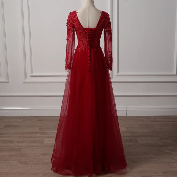 Chic / Belle Bordeaux Robe De Soirée 2018 Princesse Encolure Dégagée Transparentes Manches Longues Appliques En Dentelle Perlage Longue Volants Dos Nu Robe De Ceremonie