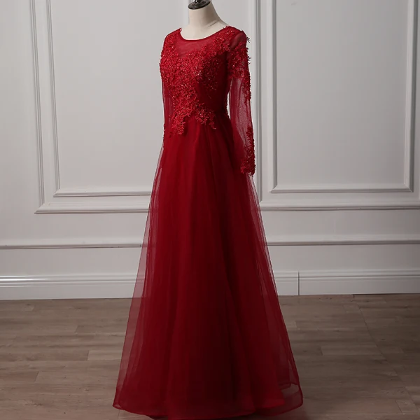 Chic / Belle Bordeaux Robe De Soirée 2018 Princesse Encolure Dégagée Transparentes Manches Longues Appliques En Dentelle Perlage Longue Volants Dos Nu Robe De Ceremonie
